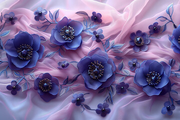 Intricate Floral Embroidery on Sheer Fabric. Detailed view of intricate floral embroidery in pink and blue on sheer fabric