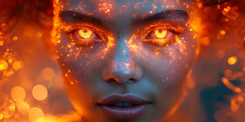 Fototapeta premium Close-up of a woman's face with glowing, fiery eyes and illuminated sparkles on her skin. The intense orange and red lighting creates a surreal and magical atmosphere