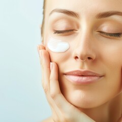 A woman in a half-body view, with visible arms, gently applying moisturizer to her face. The background is isolated on a white background in a high-resolution photographic style.