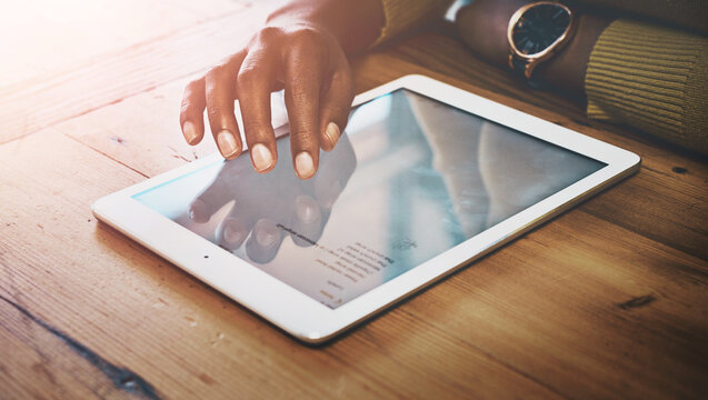 Online, hand and tablet on table, email and pre approved loan for small business, screen and application in website. Digital, message and person in restaurant, owner or planning for launch of startup