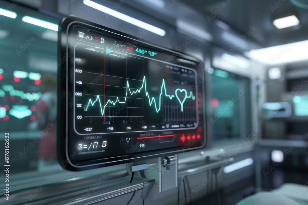 Poster high-tech heart monitor displaying real-time heart rates and diagnostics in modern medical setting