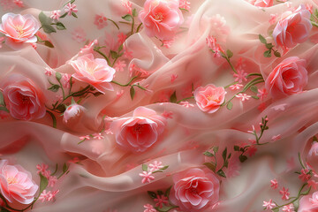 Delicate Pink Floral Embroidery on Sheer Fabric. Detailed view of delicate pink floral embroidery on sheer fabric with three-dimensional flower accents