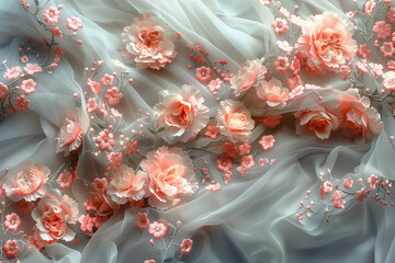 Delicate Pink Floral Embroidery on Sheer Fabric. Detailed view of delicate pink floral embroidery on sheer fabric with three-dimensional flower accents