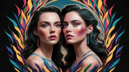 Obraz premium Two women with dark hair and blue eyes are shown in a colorful frame, AI
