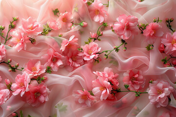 Delicate Pink Floral Embroidery on Sheer Fabric. Detailed view of delicate pink floral embroidery on sheer fabric with three-dimensional flower accents