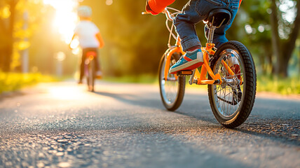 Children's riding a bicycle on scenic path in nature during sunset.