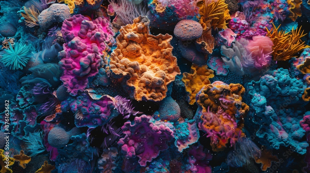 Poster a vivid and colorful underwater scene showcasing the diverse and striking corals in a reef, highligh