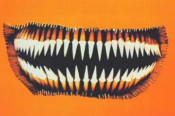 Spooky mouth with sharp teeth on a bright orange background, creating a menacing Halloween image.