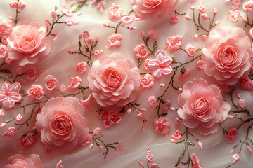 Delicate Pink Floral Embroidery on Sheer Fabric. Detailed view of delicate pink floral embroidery on sheer fabric with three-dimensional flower accents