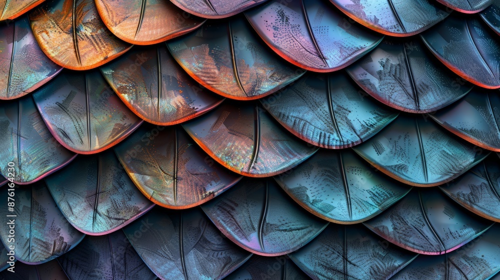 Poster The image features a vibrant and intricate pattern of overlapping, colorful scales, creating a visually captivating and detailed abstract background.