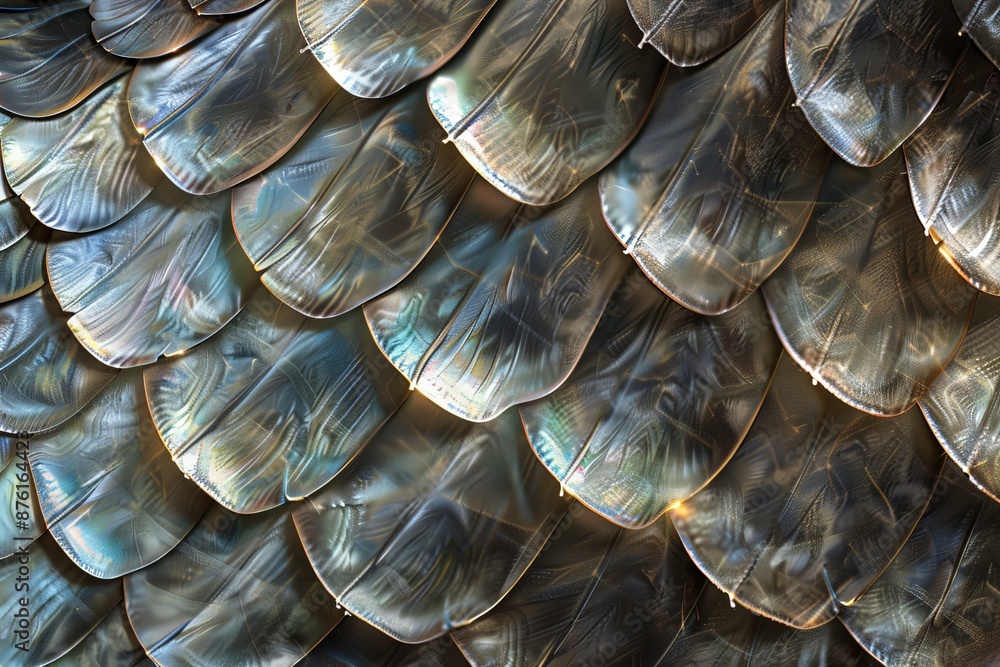Poster a sophisticated image of metallic scales with subtle, elegant color variations, offering a lavish an