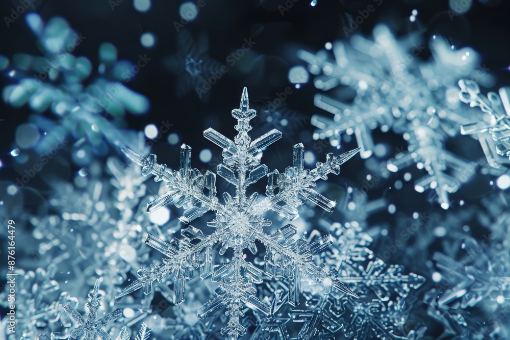 Poster a highly detailed close-up of crystalline snowflakes, highlighting their intricate and unique struct