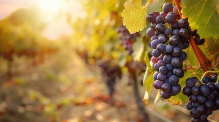 Fototapeta premium Vineyard with ripe grapes ready for harvest, illustrating the wine production process and agricultural diversity.