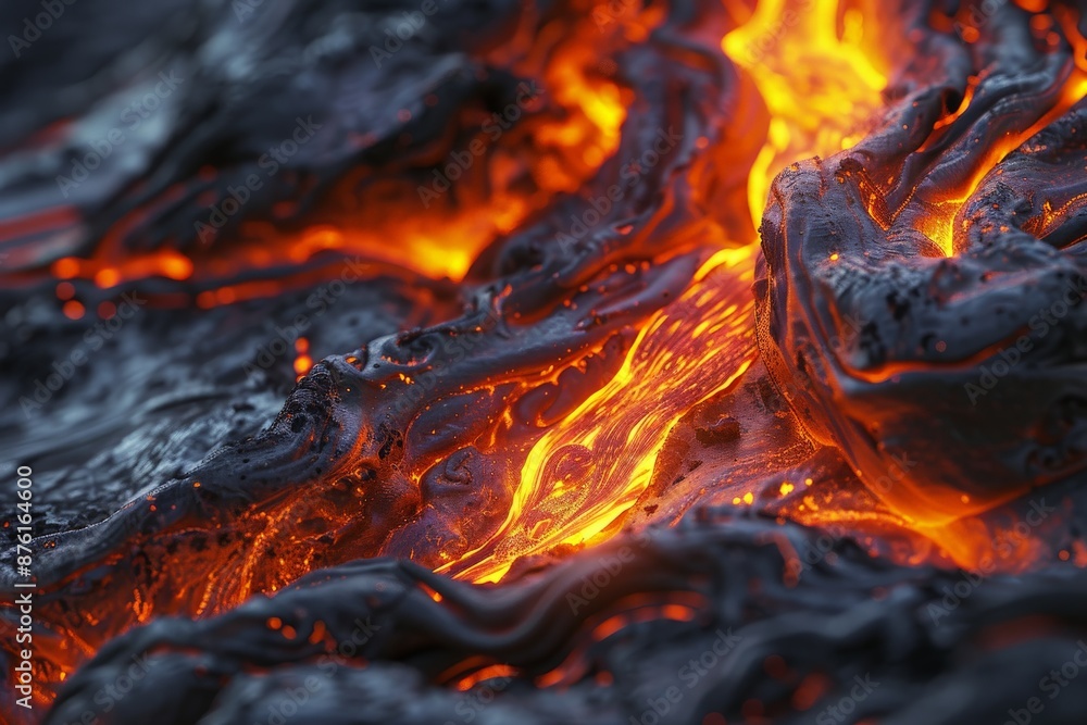 Poster a detailed close-up of glowing molten lava displaying intricate fluid textures and vibrant fiery ora