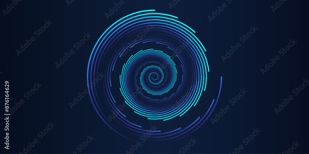 Poster Glowing circle frame with wavy rounded lines pattern flowing in blue green colors isolated on black background for concept of music, technology, ai