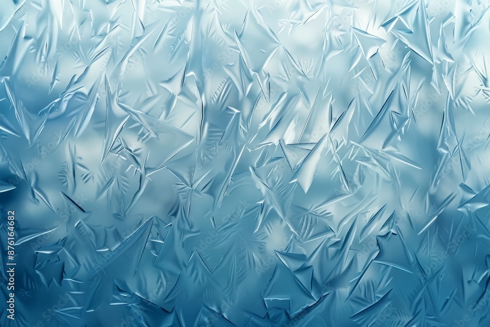 Poster An image of blue frosted glass adorned with sharp geometric ice patterns, capturing the cool elegance and intricate design of wintry frost in a serene backdrop.