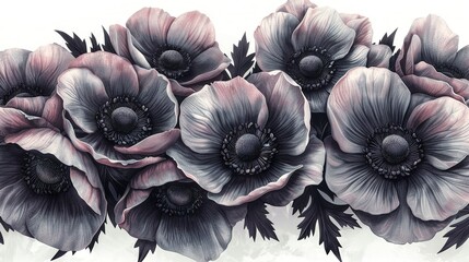   A macro image showcasing a cluster of vivid flowers against a solid white backdrop, featuring predominantly black and pink blooms at the center