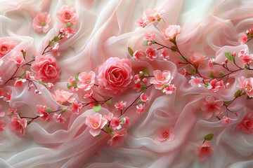 Delicate Pink Floral Embroidery on Sheer Fabric. Detailed view of delicate pink floral embroidery on sheer fabric with three-dimensional flower accents