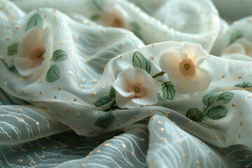 Elegant White Floral Embroidery on Sheer Green Fabric. Detailed view of elegant white floral embroidery on sheer green fabric with delicate leaves
