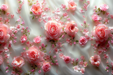 Delicate Pink Floral Embroidery on Sheer Fabric. Detailed view of delicate pink floral embroidery on sheer fabric with three-dimensional flower accents