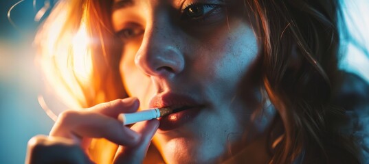 Obraz premium Close-Up of a Woman Using Nicotine Gum for Smoking Cessation with Determined Expression
