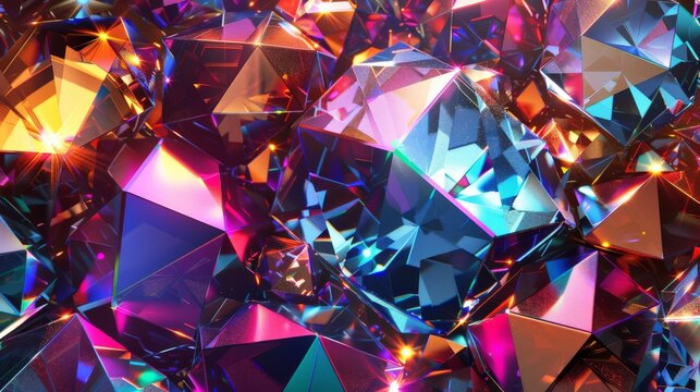 An ensemble of colorful geometric crystals sparkling brilliantly under bright light, capturing the viewer's eye with an array of vibrant hues and sharp, clean lines.