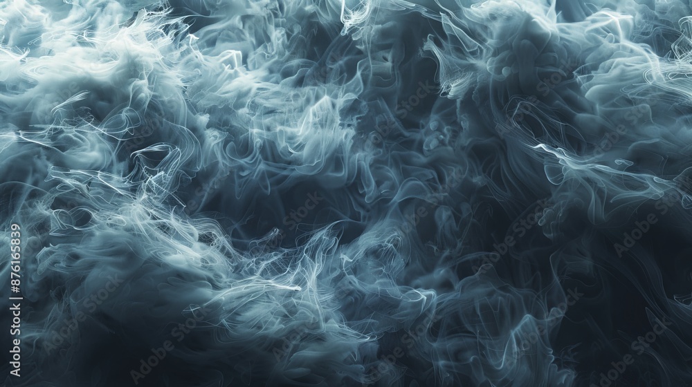Poster an artistic capture of whirls of smoke blending seamlessly into a dark, misty backdrop, evoking a se