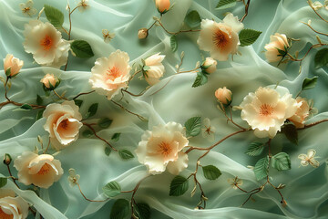 Elegant White Floral Embroidery on Sheer Green Fabric. Detailed view of elegant white floral embroidery on sheer green fabric with delicate leaves