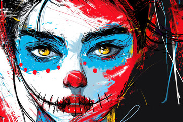 Artistic portrayal of a woman with vibrant face paint, blending horror and beauty in a unique Halloween style.