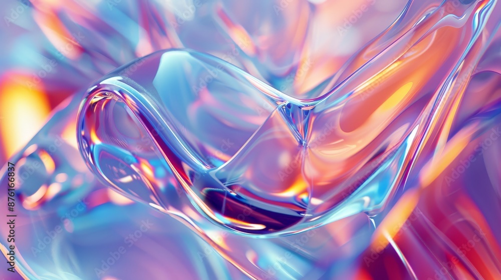 Poster an intricate composition of abstract, glass-like shapes in vibrant colors, reflecting light in a daz
