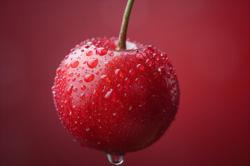 Close-Up of a Fresh Cherry with Water Droplets. A close-up of a fresh cherry covered in water droplets against a red background.
