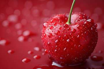 Close-Up of a Fresh Cherry with Water Droplets. A close-up of a fresh cherry covered in water droplets against a red background.