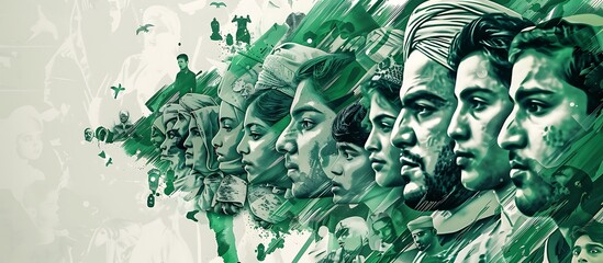 An intricate design featuring a green and white collage of diverse Pakistani faces, highlighting the unity and independence of the nation.