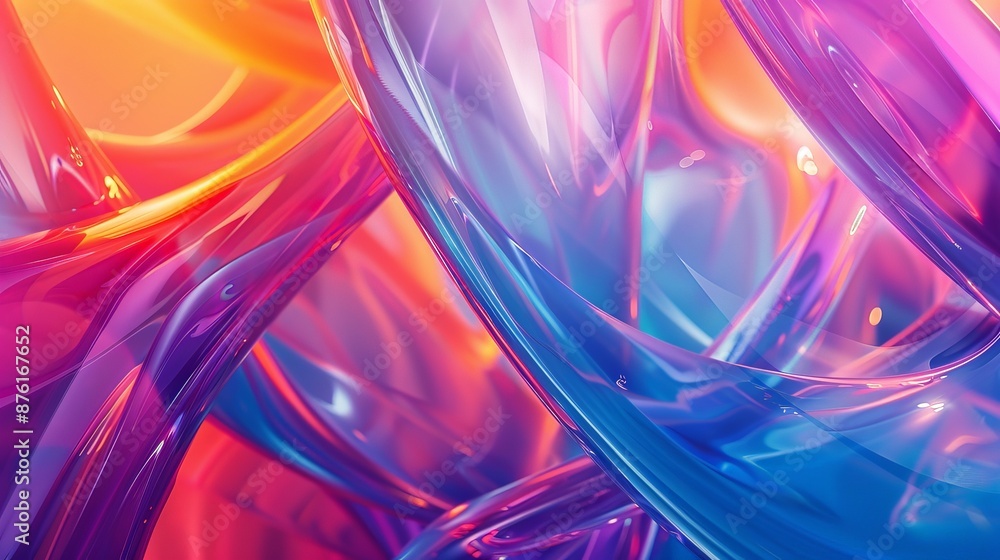 Poster a striking abstract image of bright and vivid glass shapes intertwining fluidly, melding blues and p