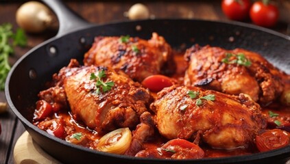 Hot barbecue chicken with spicy onion tomato sauce close-up in a frying pan on the table. horizontal 
