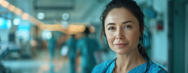 Design a semi-close-up image of a nurse with a kind expression, celebrating International Nurses Day, with a hospital background and ample copy space