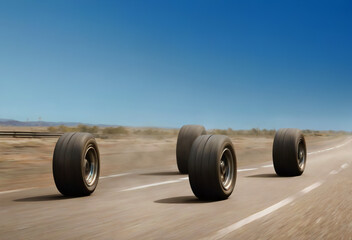 four automobile wheels rush on the road with high speed. Generative AI.