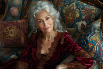 Fototapeta premium Elegant Senior Woman in Bohemian Interior. Elegant elderly woman with white hair, wearing a red dress, sitting in a bohemian styled room.