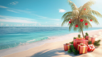Christmas in southern hemisphere with a palm tree with Christmas decorations and gift boxes 