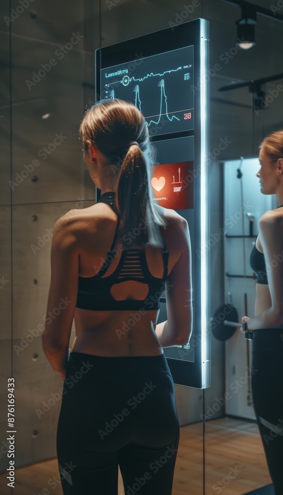 Poster interactive smart mirror displaying heart health data and fitness metrics in modern gym setting