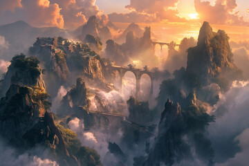 Mystical mountains shrouded in mist with floating