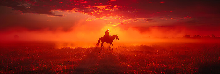 Obraz premium Vibrant Sunset Horseback Ride on Endless Golden Plains