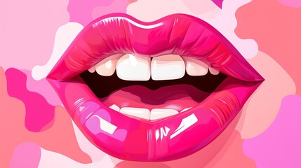 Woman's open mouth with pink lips and white teeth against a vibrant background Pop art style