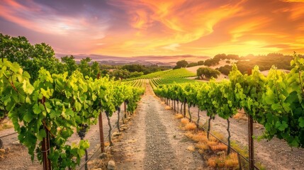 Naklejka premium Sunset Over Scenic Vineyard With Lush Grapevines Stretching Across Rolling Hills