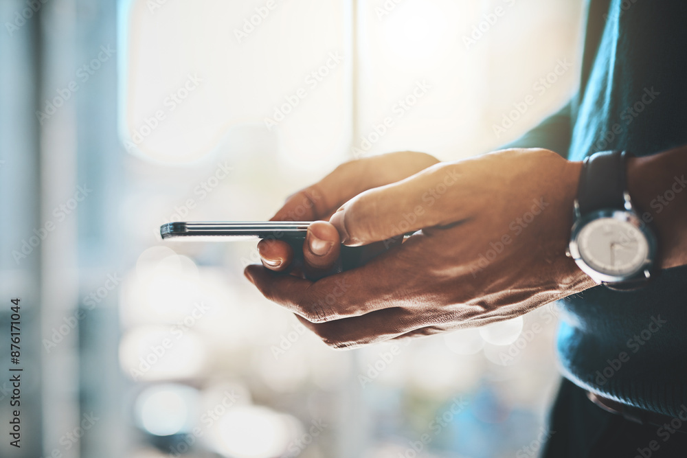 Poster app, hands and typing with cellphone, digital and pre approved loan for small business, email and ap