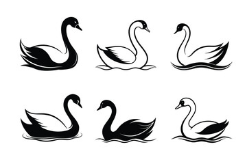 Elegant Swan Silhouette Bundle: 6 Versatile Vector Designs for Graceful Projects: Enhance your designs with this collection of 6 swan silhouettes. Perfect for logos, invitations, wall art, branding.