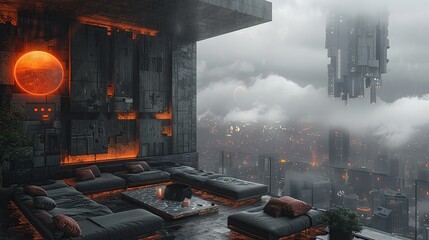 Futuristic Lounge with Cityscape View