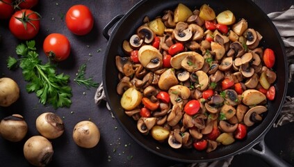 Stir Fry Chicken with mushrooms, tomatoes and potato on a frying pan, close-up. View from above. Copy space