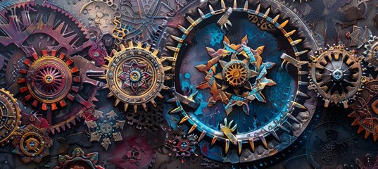 Colorful Gear Mandala Illustration Blending Mechanical and Spiritual Themes on a Dark Textured Background