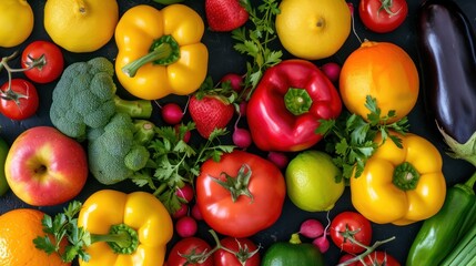 A variety of fresh and organic vegetables and fruits on a black background.